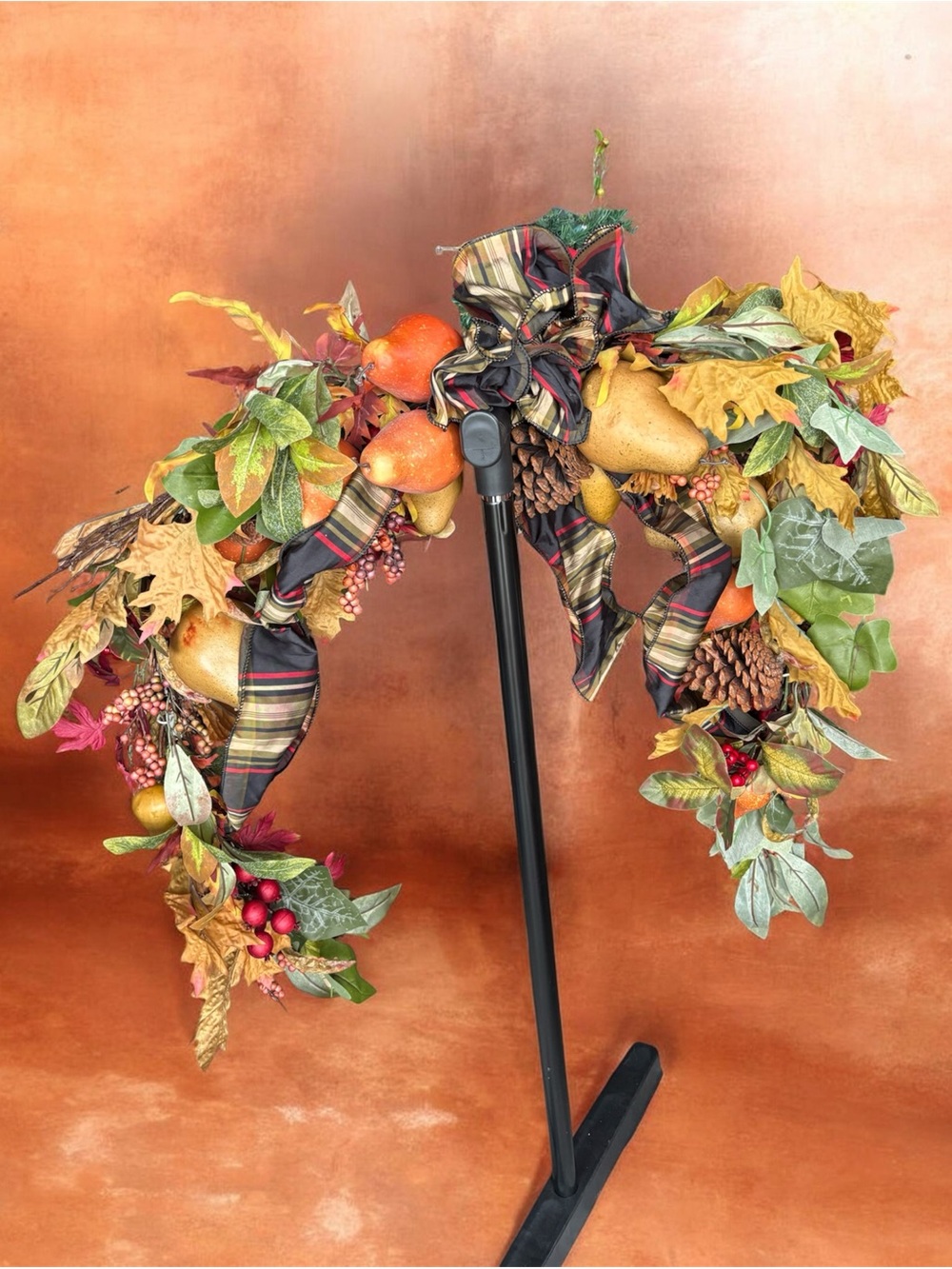 Autumn Harvest Garland with Plaid Bow - Orange, Green, Gold